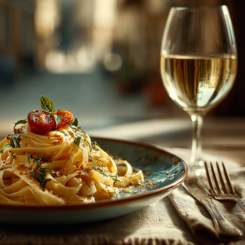 Pâtes italiennes, vin blanc et ambiance chaleureuse Fettuccine italien avec tomates cerises et basilic sur une assiette bleue, à côté d'un verre de vin blanc et d'une fourchette.