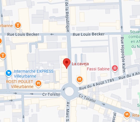 Plan de La Caveja : Rue Louis Becker Villeurbanne Carte plan montrant l'emplacement de 'La caveja' près du rond-point Rue du 4 Août 1789, Crois. Tolstoi, Rue Louis Becker.